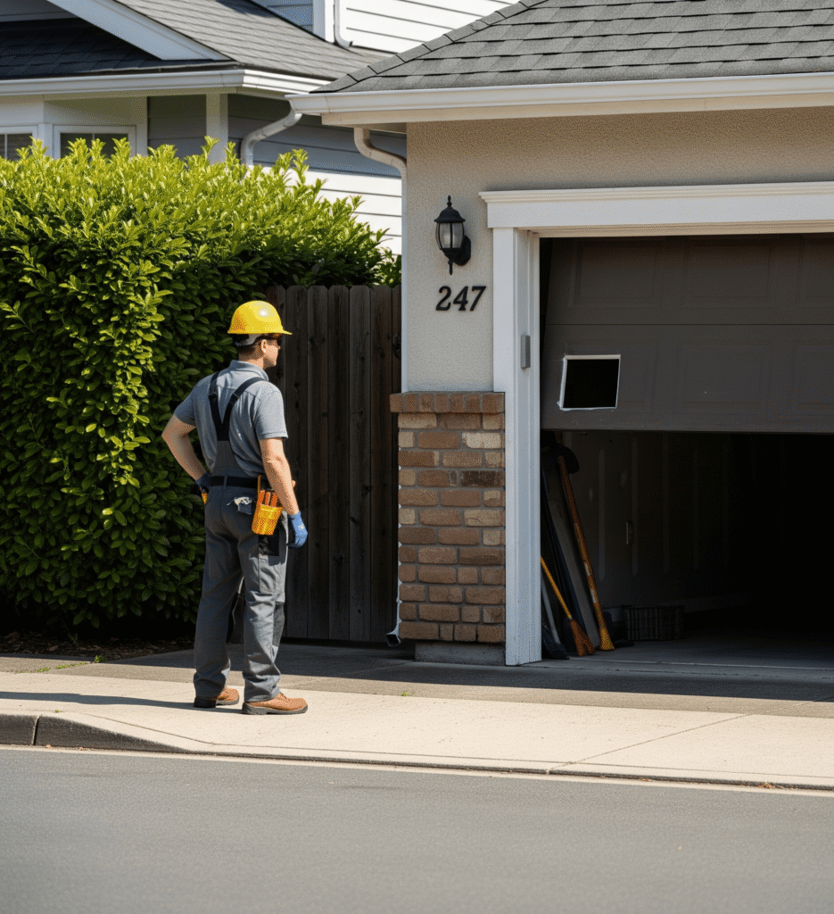 Garage door contractor inspecting garage door Garage Door Services contractor inspecting a damaged garage door