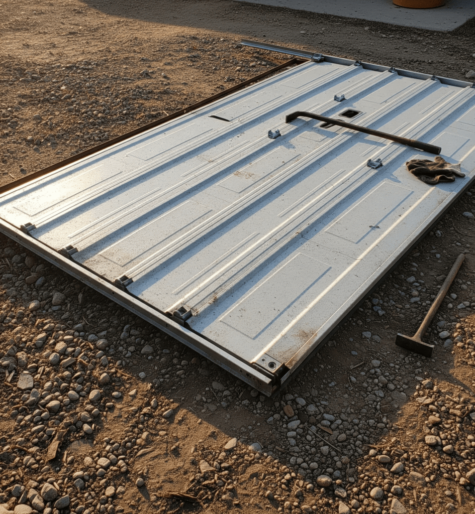 Garage door removal after photo of a garage door removal. garage door is on the ground.