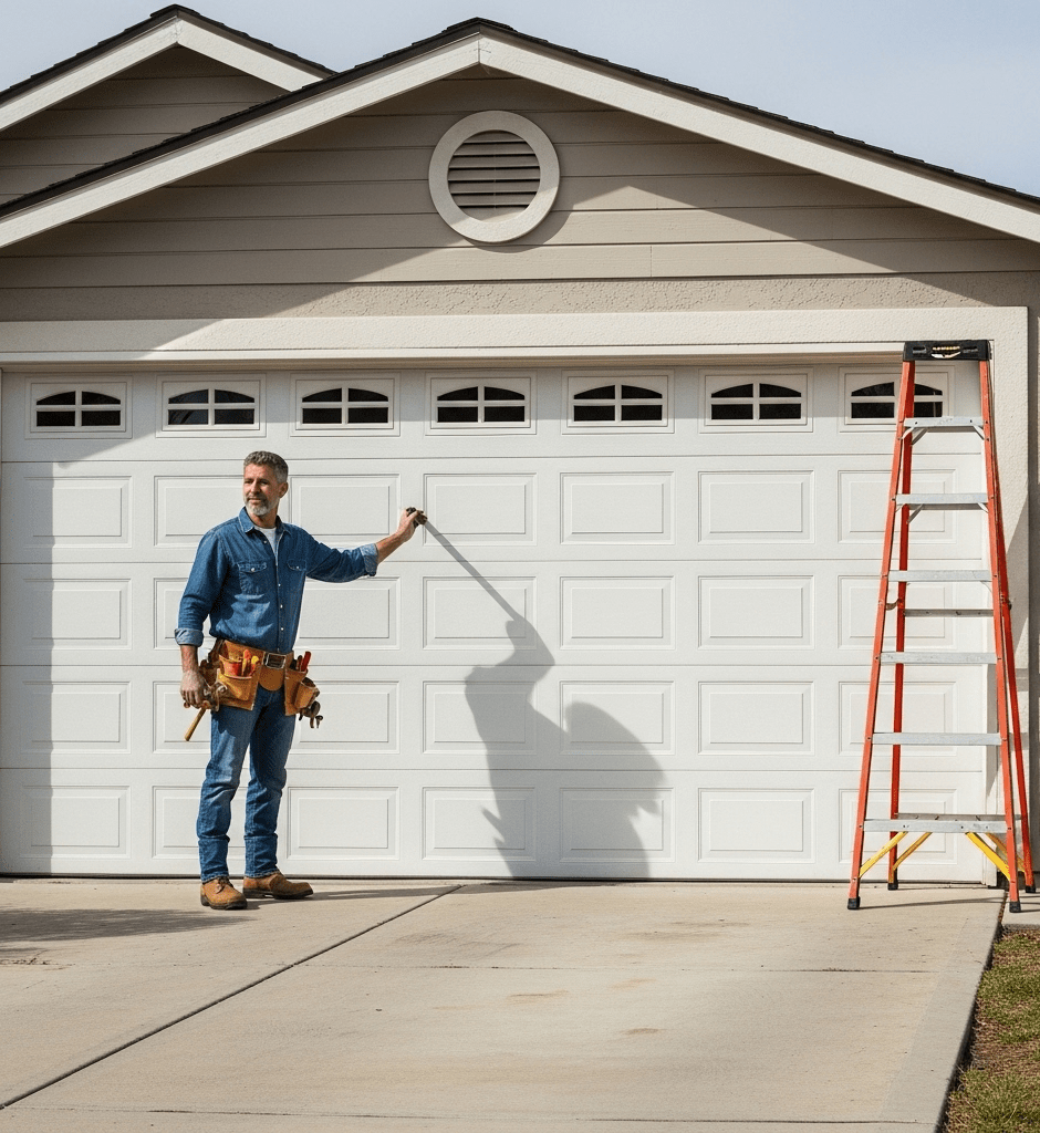 Garage door repair Garage door services contractor in front of residential garage door with ladder to the right.